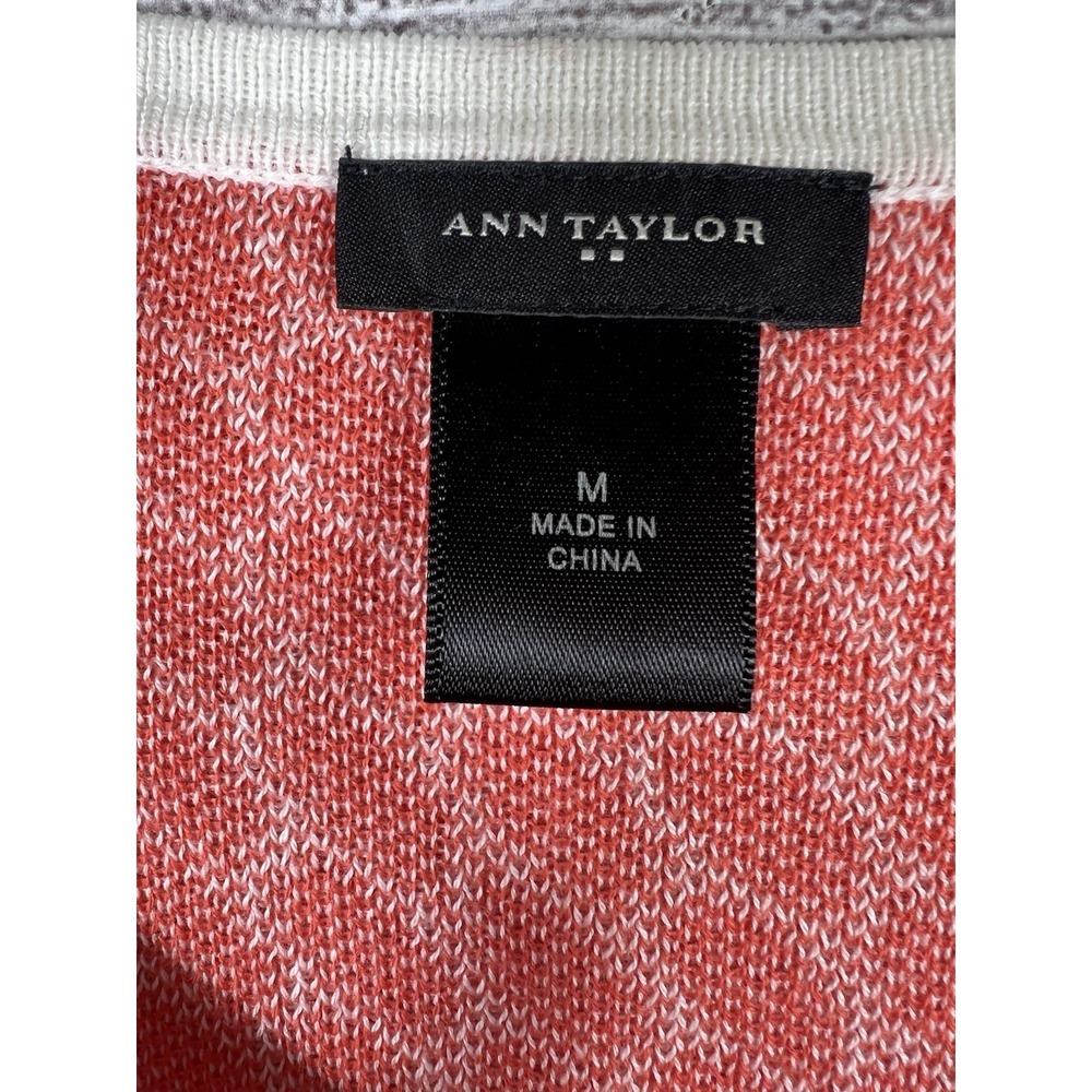 Ann Taylor Cardigan Sweater Women's M Coral Pink Orange White Cotton Preppy - Picture 3 of 4